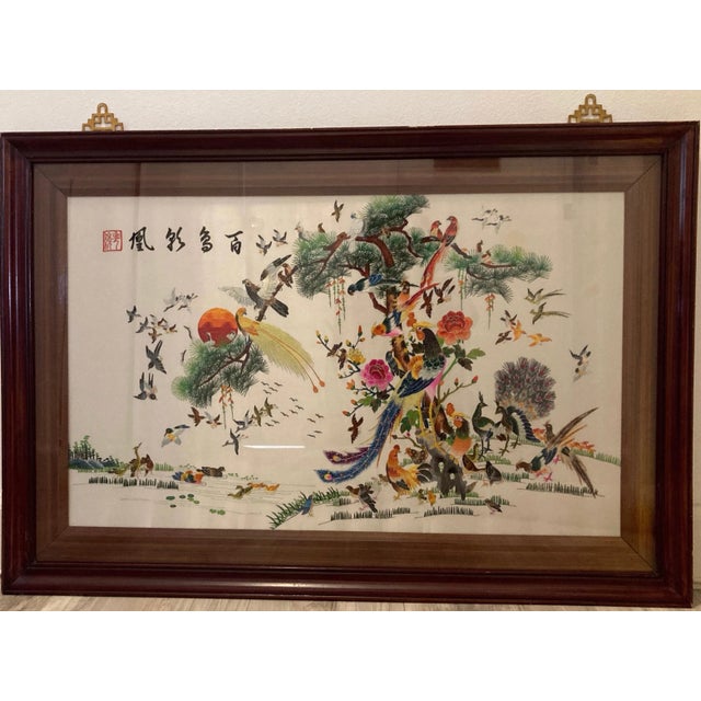 Antique Chinoiserie Silk Embroidered Nature Scene in Cherry Wood Frame With Decorative Oriental Hooks For Sale - Image 12 of 12