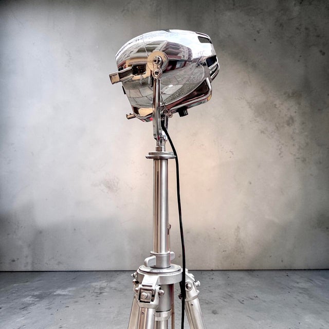 Silver Vintage English Aluminum Tripod Theater Spotlight from Gitzo, France, 1950s For Sale - Image 8 of 18