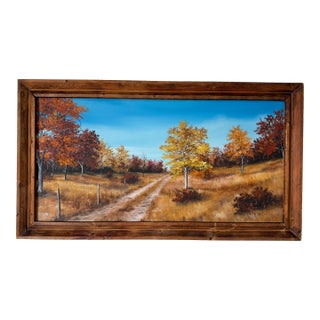1970’s B. J. Bailey Autumn Country Path Landscape Oil on Canvas Painting, Rustic Wood Framed For Sale