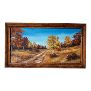 1970’s B. J. Bailey Autumn Country Path Landscape Oil on Canvas Painting, Rustic Wood Framed