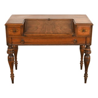Grand Rapids Chair Co. Antique Victorian Carved Walnut Slant Front Writing Desk, Circa 1930s For Sale