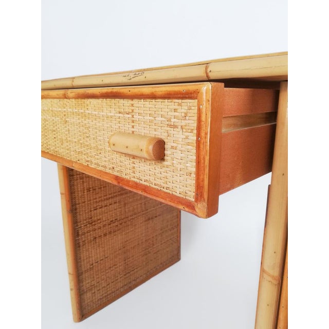 Vintage Italian Writing Desk with Drawers in Bamboo, Rattan and Plywood, 1970s For Sale - Image 3 of 18