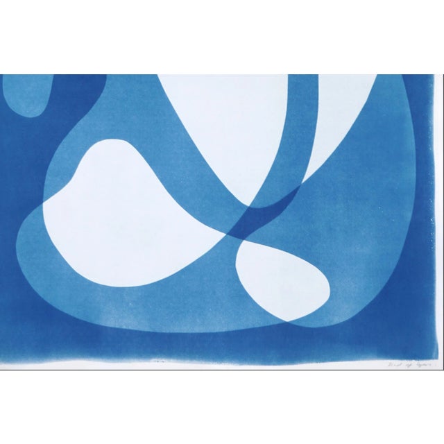 2020s 2024 / Abstract Mid-Century Floating Shapes in White and Blue, Handmade Cyanotype on Watercolor Paper For Sale - Image 5 of 7