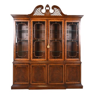 Drexel Heritage Georgian Flame Mahogany Lighted Breakfront Bookcase Cabinet For Sale