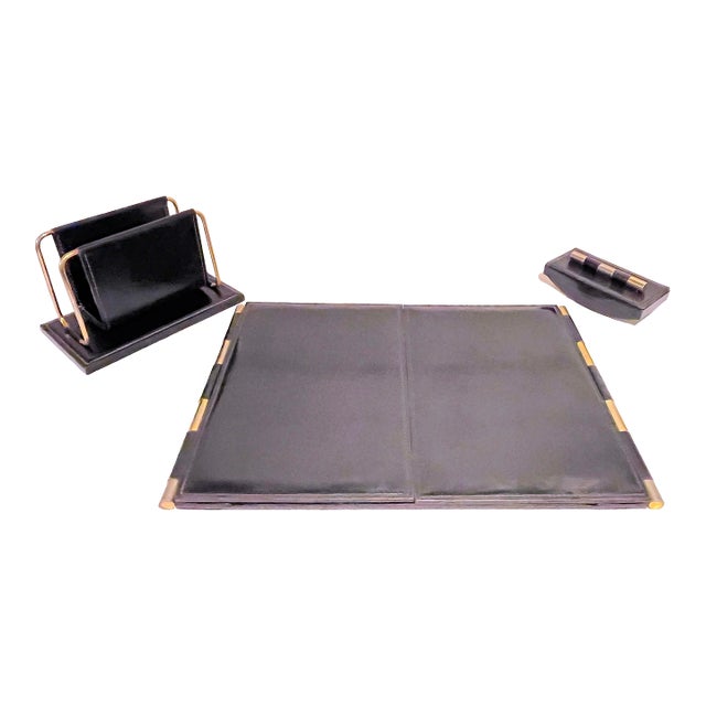 Vintage Leather & Brass Desk Full Set, by Longchamps, Mid-Century, France- 3 Pieces For Sale