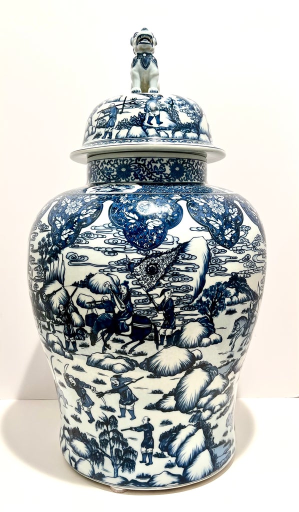 Ethan Allen Large Blue & White Porcelain Temple Jar W/ Foo Dog Lid
