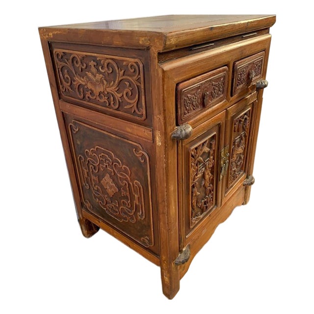 Antique Chinese Asian Ornately Carved Storage Cabinet Chinoiserie Side Table 1 For Sale