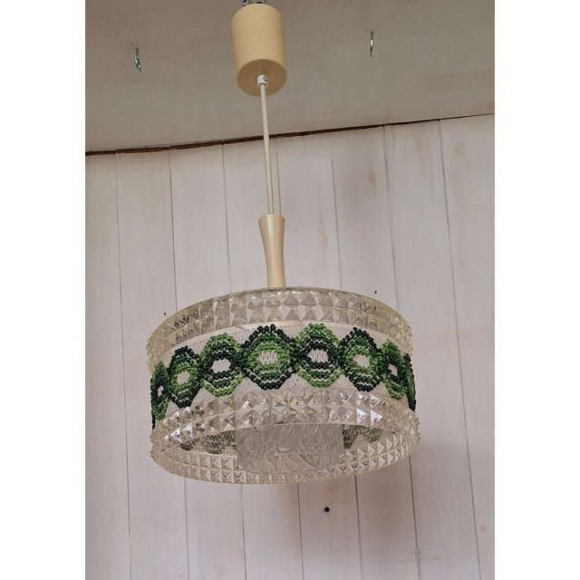 Vintage Ceiling Lamp with Round Clear Plastic Shade and Green Fabric Trim from ME, 1970s For Sale - Image 6 of 8