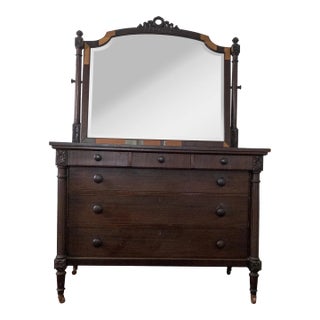 1800s Antique Wood 6 Drawer Dresser With Attached Beveled Mirror For Sale