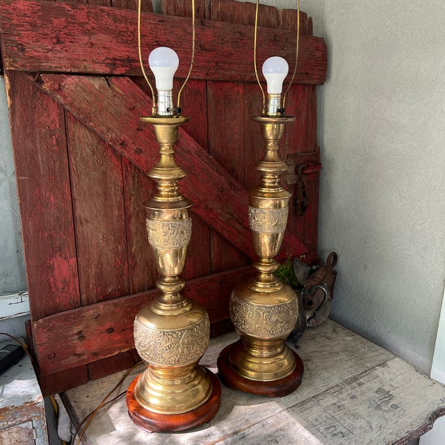 Vintage James Mont Style Brass Table Lamps With Wood Bases - Pair For Sale - Image 11 of 18