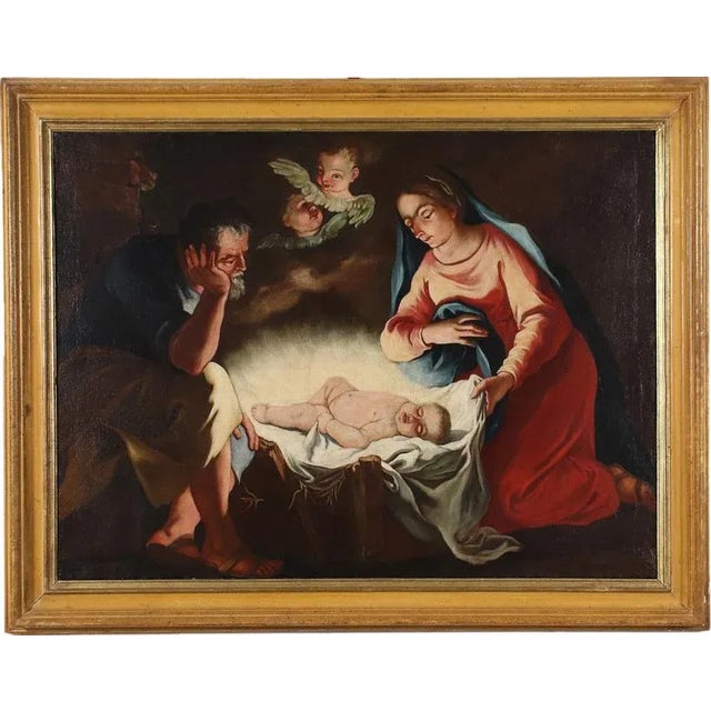 Italian Artist, Adoration of the Baby Jesus, 17th Century, Oil on Canvas, Framed For Sale - Image 13 of 13