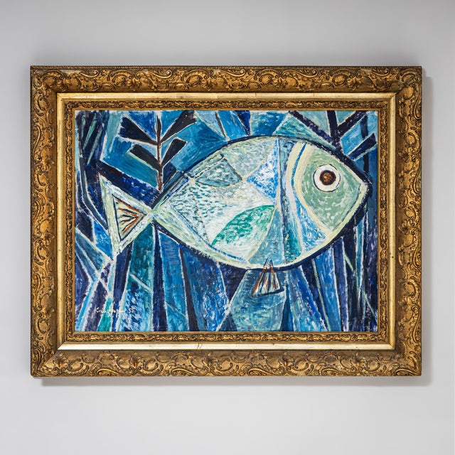 Werner Kreuzhage, Blue Fish, Oil Painting on Wood, 1955 For Sale - Image 3 of 12