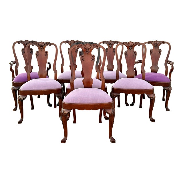 Maitland Smith Style Carved Mahogany Georgian Style Dining Chairs - Set of 8 For Sale