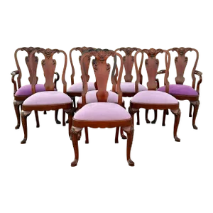 Maitland Smith Style Carved Mahogany Georgian Style Dining Chairs - Set of 8
