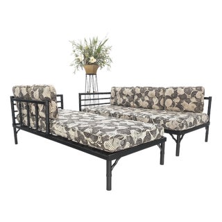 Pair of Black Lacquer Faux Bamboo Sofas Daybed Mid Century Modern MINT! For Sale