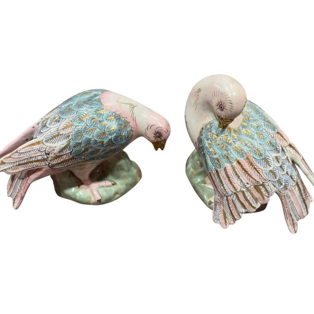 Chinoiserie Vintage Chinese Export Porcelain Parrot Figurine Hand-Painted Pink, Blue & Gold Birds Chinoiserie For Sale - Image 3 of 5