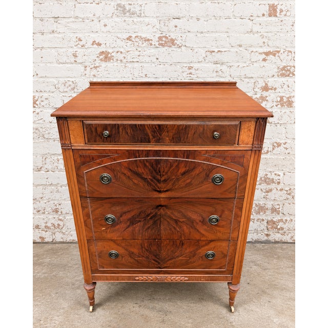 Traditional Vintage French Regency Style Solid Wood 4 Drawer Highboy Dresser on Wheels and Original Hardware For Sale - Image 3 of 8