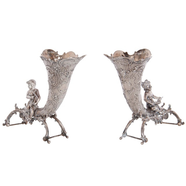 Pair of Antique German Repoussé 800 Silver Cornucopia Cherub Vases Hanau 1890 For Sale - Image 10 of 12