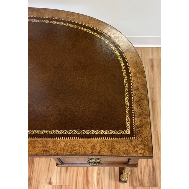 Vintage Sligh-Lowry Burl Wood Leather Top Demilune Desk W/ Brass Legs For Sale - Image 9 of 12
