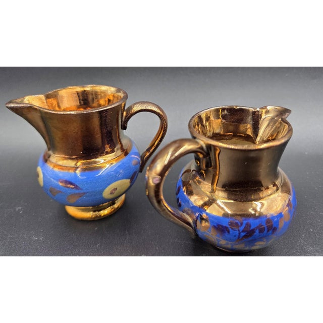 19th Century English Copper Lustreware Cobolt Blue Enamel Bands & Hand-Painterd Motifs 6 Piece Set For Sale - Image 14 of 18