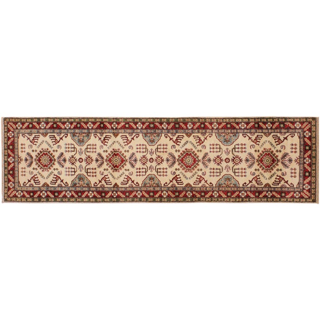 Boho Chic Kazak Ivory/Red Wool Runner Rug - 2'8''x9'8'' For Sale - Image 9 of 10