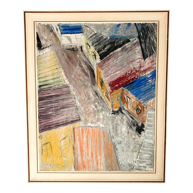 1950s Suburban Street Scene, Mixed Media on Board Landscape Painting For Sale