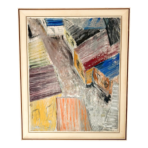 1950s Suburban Street Scene, Mixed Media on Board Landscape Painting