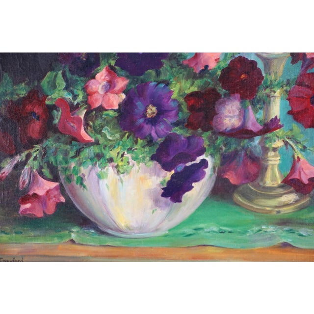 American 1930s Vibrant Floral Still Life With Petunias and Candle Stick by Jennie Thatcher Crawford For Sale - Image 3 of 7