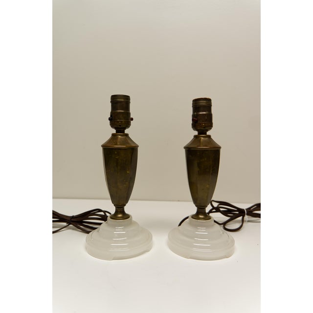 Traditional Small Brass Urn Table Lamps With Opal Glass Bases a Pair For Sale - Image 3 of 7