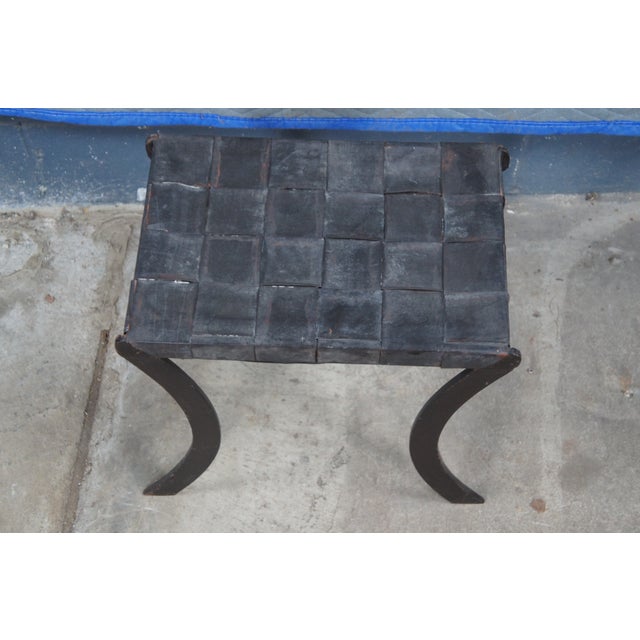Mid 20th Century Vintage French Industrial Iron & Woven Leather Saber Leg Stool Bench Seat For Sale - Image 4 of 11