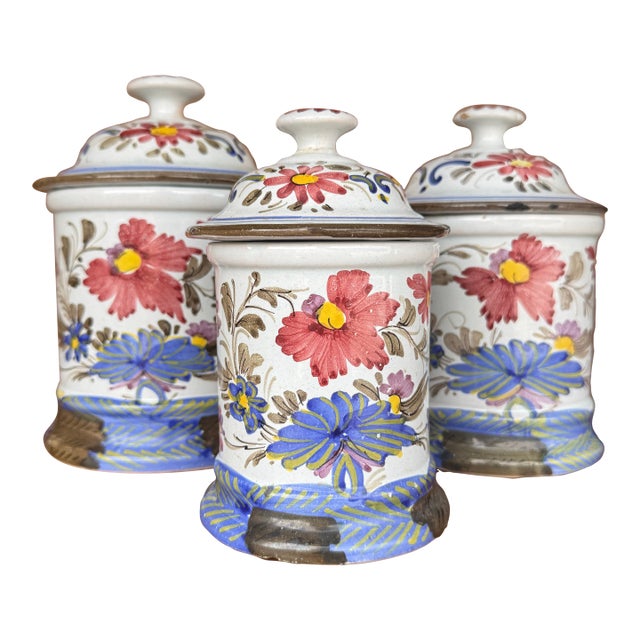 Vintage Hand-Painted Faience Floral Ceramic Canister Set – European Country Kitchen Storage (Set of 3) For Sale