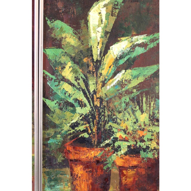 Green Pair of houseplant paintings - heavily textured - 70s paintings - midcentury - boho - green paintings - still life - vertical painting -gift For Sale - Image 8 of 10