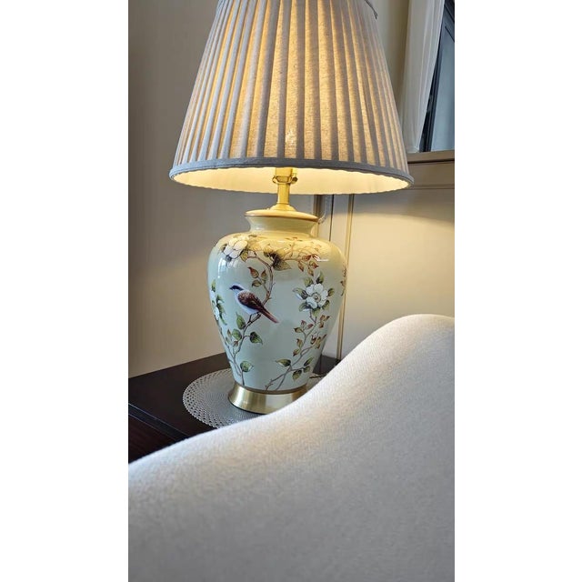 Art Deco Bird-and-Flower Painted Porcelain Gilded Table Lamp For Sale - Image 3 of 7