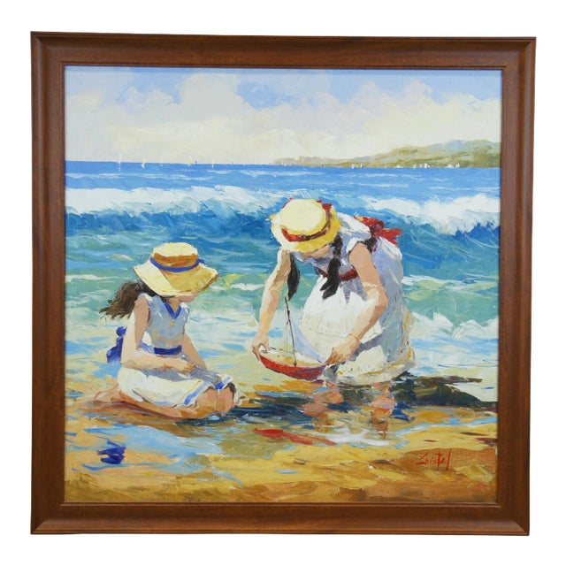Late 20th Century Impressionist Style Mother and Child on a Beach Oil Painting by Martha Cristel, Framed For Sale