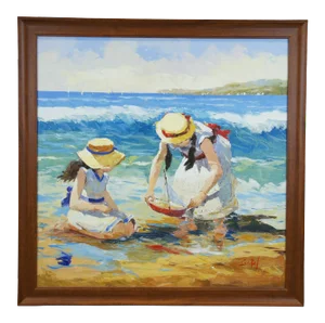 Late 20th Century Impressionist Style Mother and Child on a Beach Oil Painting by Martha Cristel, Framed