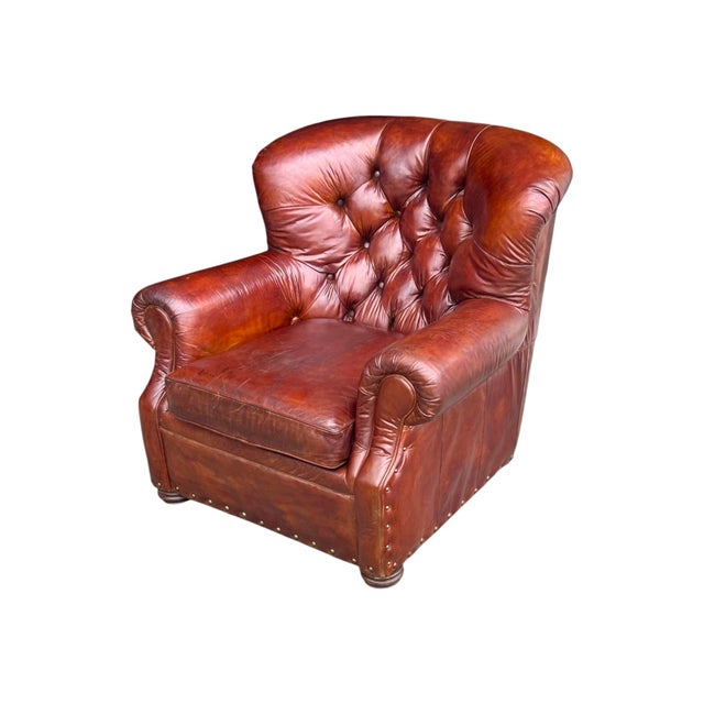 Wood Churchill Tufted Leather Armchair & Ottoman, Newly Dyed, Restoration Hardware Style For Sale - Image 7 of 15