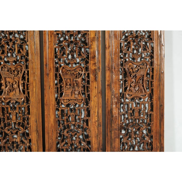 Antique Chinese Carved Wood Architectural Panels with Lattice and Figures – Set of 4 For Sale - Image 9 of 12