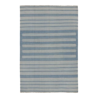 Vintage Dhurrie Rug With Blue and Gray Geometric Stripes - Rug & Kilim For Sale