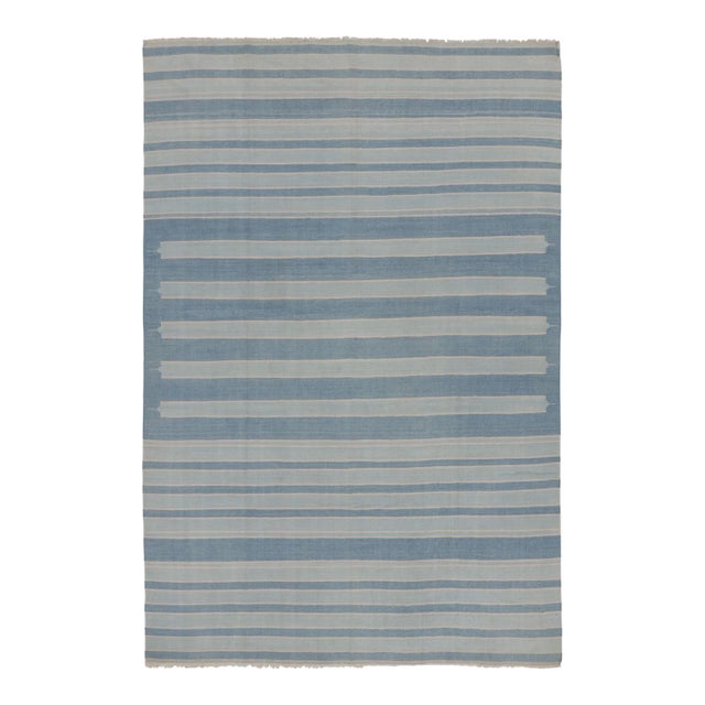 Vintage Dhurrie Rug With Blue and Gray Geometric Stripes - Rug & Kilim For Sale