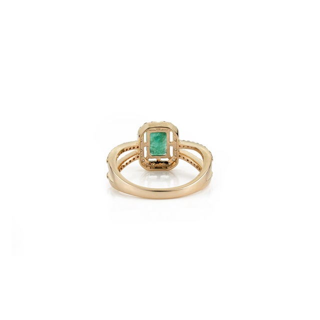 1.06ct Emerald Diamond Halo Split Shank Art Deco Ring Size 4 in 14k Yellow Gold For Sale - Image 9 of 15
