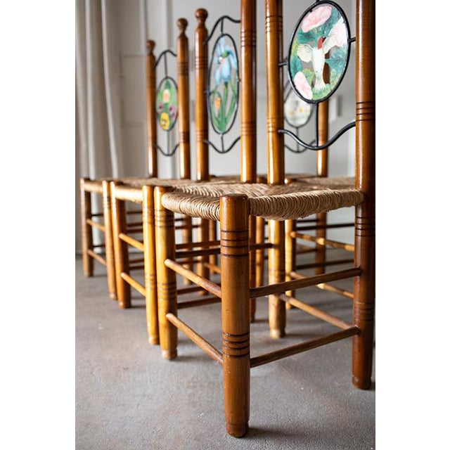 Vintage Hand Painted Folk Art Dining Chairs With Woven Rush Seats - Set of 5 For Sale - Image 9 of 13