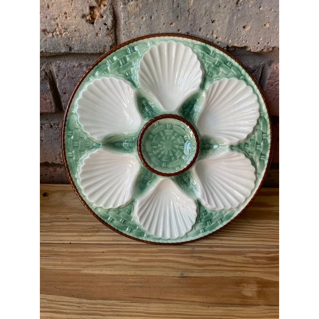 1930s French Longchamp Green and White Majolica Oyster Plate For Sale - Image 14 of 14