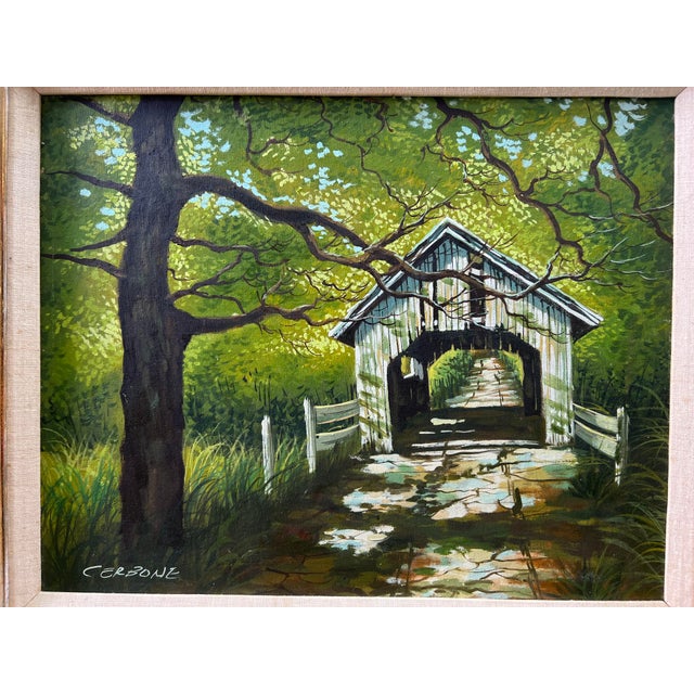 Late 20th Century Late 20th Century Landscape Oil Painting, Covered Bridge Forest, Contemporary by Cerbone, Framed Carved Wood Linen Mat For Sale - Image 5 of 10