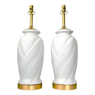 Lamp Pair White Plaster Palm Tree Leaf Restored Large For Sale