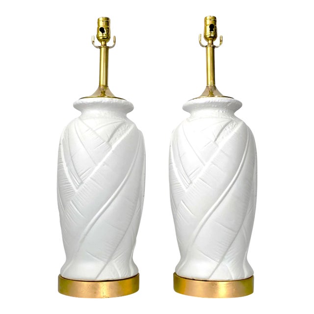 Lamp Pair White Plaster Palm Tree Leaf Restored Large For Sale