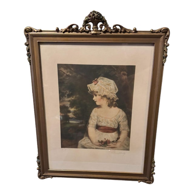Antique Victorian Gilt Framed Print Simplicity the Flower Girl by Reynolds For Sale