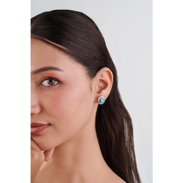 Not Yet Made - Made To Order 14k White Gold Halo Stud Earrings With 2.52ct Turquoise & Diamonds- A Pair For Sale - Image 5 of 15