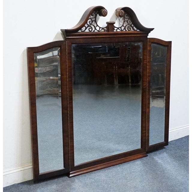 CENTURY FURNITURE Claridge Collection Solid Mahogany Traditional Style 54x56" Pierced Wood Pediment Triple Mirror 54" High...