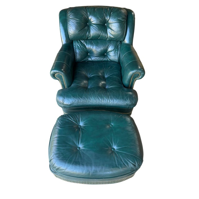 Wood Vintage Thomas-Bain Leather Club Chair & Ottoman Set in Peacock Teal Green | Tufted Traditional Lounge Seating For Sale - Image 7 of 18