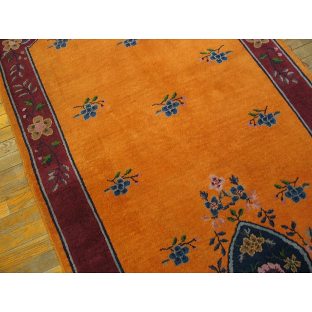 1920s Orange Medallion Traditional Antique Chinese Art Deco Hand Knotted Rug 4 X 10' Wool Carpet For Sale - Image 4 of 5